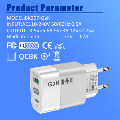 Techsuit CHPD131 hálózati töltő, 65W, 3.25A, 1 x USB-A - 1 x USB-C, Fehér