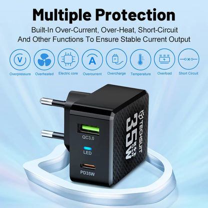 Techsuit CHPD173 Tiny hálózati töltő, 35W, 3A, 1 x USB-A - 1 x USB-C, fekete