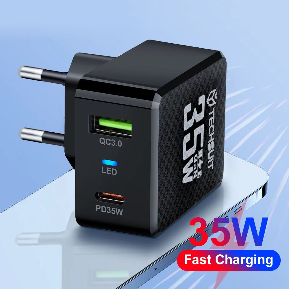 Techsuit CHPD173 Tiny hálózati töltő, 35W, 3A, 1 x USB-A - 1 x USB-C, fekete