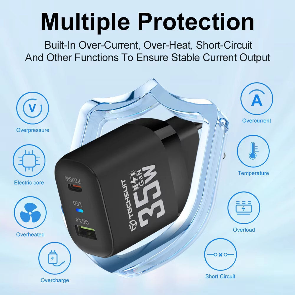Techsuit CHPD174 hálózati töltő, 35W, 3A, 1 x USB-A - 1 x USB-C, fehér