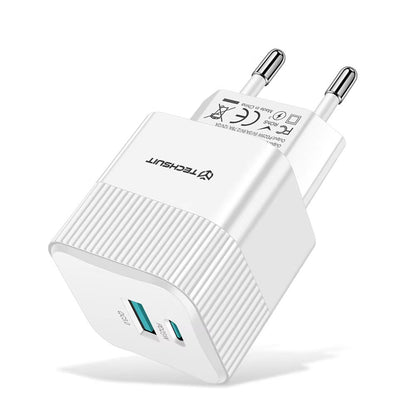 Techsuit CHPD216 Tiny hálózati töltő, 25W, 3A, 1 x USB-A - 1 x USB-C, fehér
