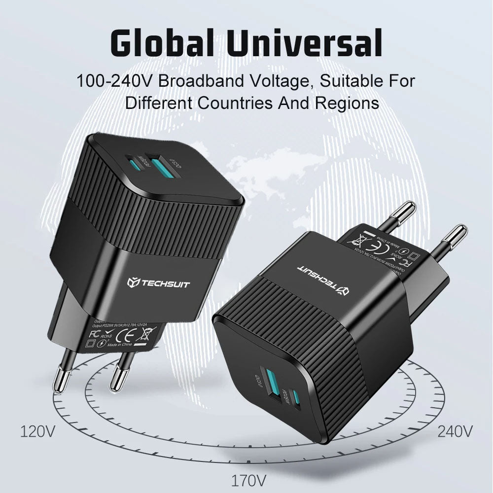 Techsuit CHPD216 Tiny hálózati töltő, 25W, 3A, 1 x USB-A - 1 x USB-C, fehér