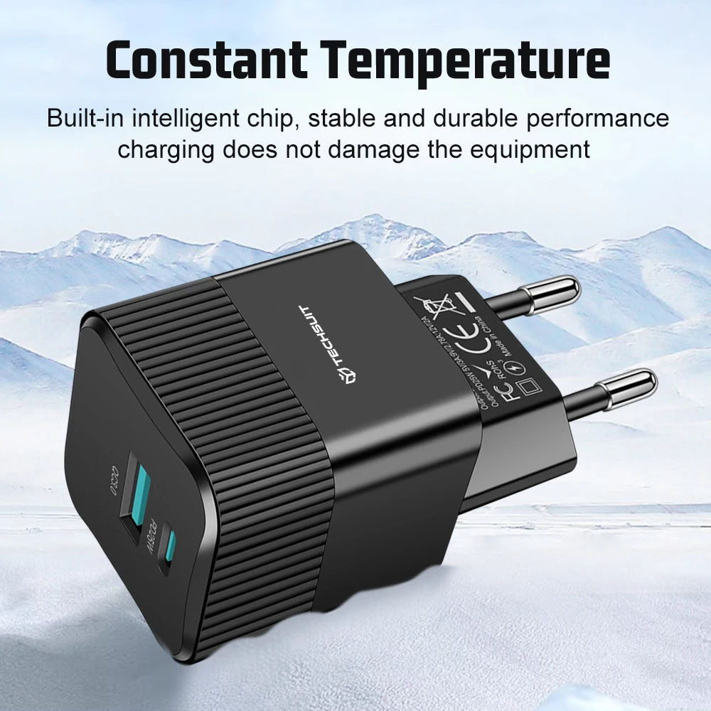 Techsuit CHPD216 Tiny hálózati töltő, 25W, 3A, 1 x USB-A - 1 x USB-C, fehér