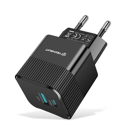 Techsuit CHPD216 Tiny hálózati töltő, 25W, 3A, 1 x USB-A - 1 x USB-C, fekete