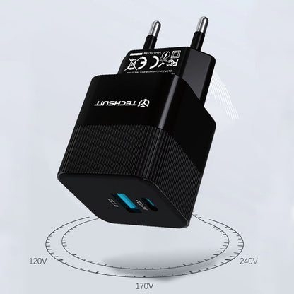Techsuit CHPD216 Tiny hálózati töltő, 25W, 3A, 1 x USB-A - 1 x USB-C, fekete