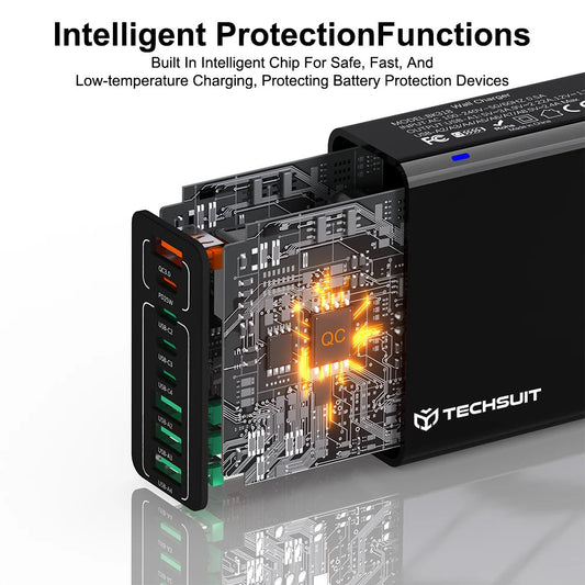 Techsuit CHPD224 hálózati töltő, 65W, 3.25A, 4 x USB-A - 4 x USB-C, Fekete