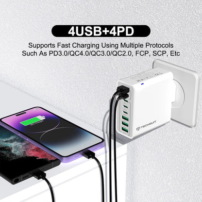 Techsuit CHPD224 hálózati töltő, 65W, 3.25A, 4 x USB-A - 4 x USB-C, Fekete