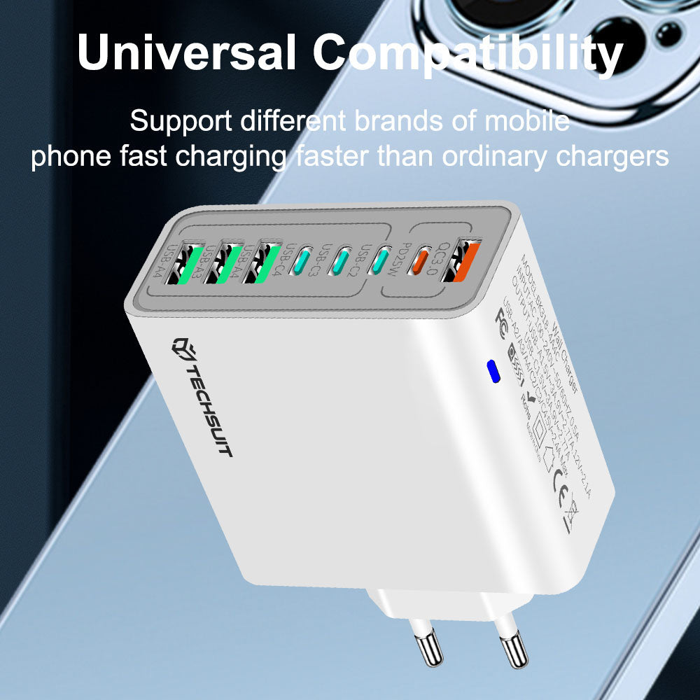 Techsuit CHPD224 hálózati töltő, 65W, 3.25A, 4 x USB-A - 4 x USB-C, Fekete