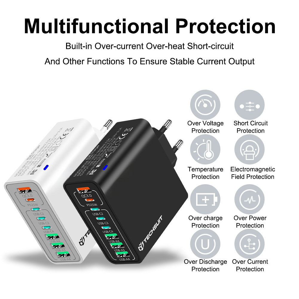 Techsuit CHPD224 hálózati töltő, 65W, 3.25A, 4 x USB-A - 4 x USB-C, Fekete