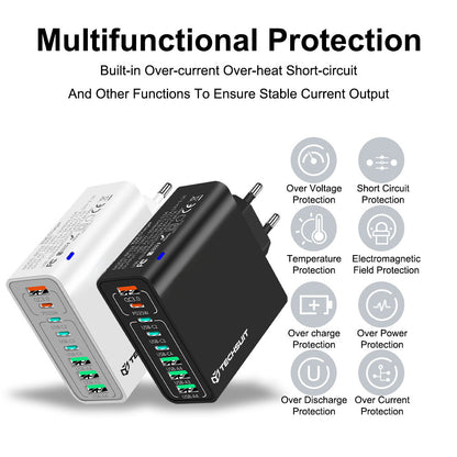 Techsuit CHPD224 hálózati töltő, 65W, 3.25A, 4 x USB-A - 4 x USB-C, Fekete