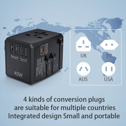 Techsuit HHT905 Travel hálózati töltő, 45W, 3A, 2 x USB-A - 2 x USB-C, Fekete