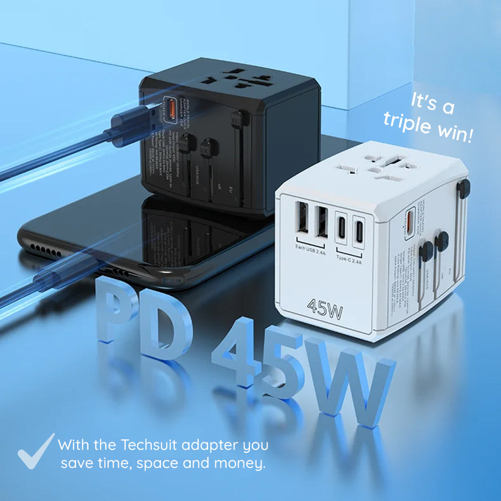 Techsuit HHT905 Travel Network Charger, 45W, 3A, 2 x USB-A - 2 x USB-C, Black