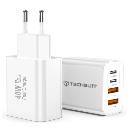 Techsuit PowerXQuad CH4 hálózati töltő, 40W, 3A, 2 x USB-A - 2 x USB-C, fehér