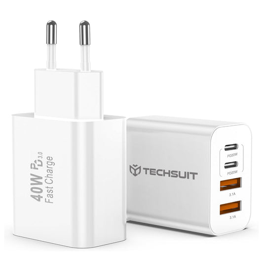 Techsuit PowerXQuad CH4 hálózati töltő, 40W, 3A, 2 x USB-A - 2 x USB-C, fehér