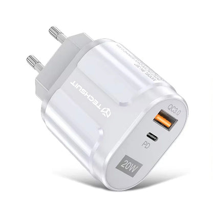 Techsuit Premium Hálózati Töltő, 20W, 3A, 1 x USB-A - 1 x USB-C, Fehér