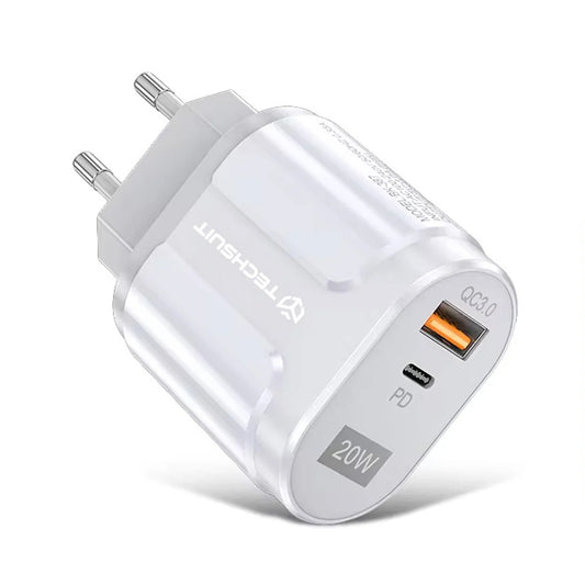 Techsuit Premium Hálózati Töltő, 20W, 3A, 1 x USB-A - 1 x USB-C, Fehér