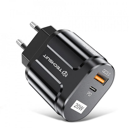 Techsuit Premium hálózati töltő, 20W, 3A, 1 x USB-A - 1 x USB-C, Fekete CHPD038