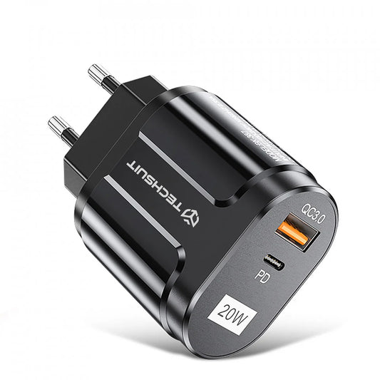 Techsuit Premium hálózati töltő, 20W, 3A, 1 x USB-A - 1 x USB-C, Fekete CHPD038