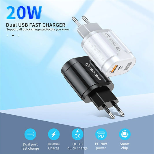 Techsuit Premium Hálózati Töltő, 20W, 3A, 1 x USB-A - 1 x USB-C, Fehér