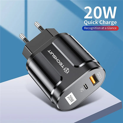 Techsuit Premium hálózati töltő, 20W, 3A, 1 x USB-A - 1 x USB-C, Fekete CHPD038