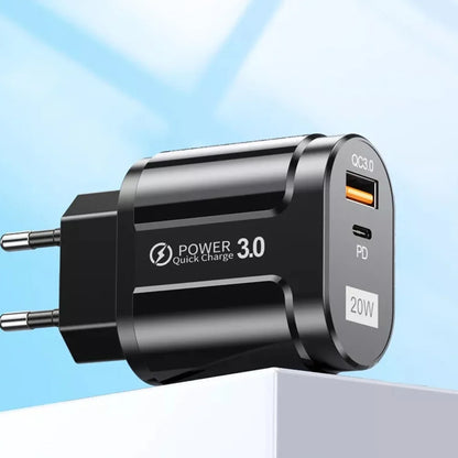 Techsuit Premium hálózati töltő, 20W, 3A, 1 x USB-A - 1 x USB-C, Fekete CHPD038