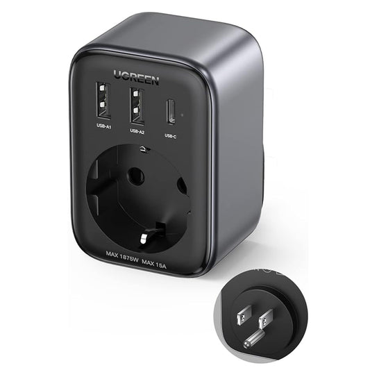 UGREEN 15289 US hálózati töltő, 30W, 3A, 2 x USB-A - 1 x USB-C - 1 x Schuko, Fekete