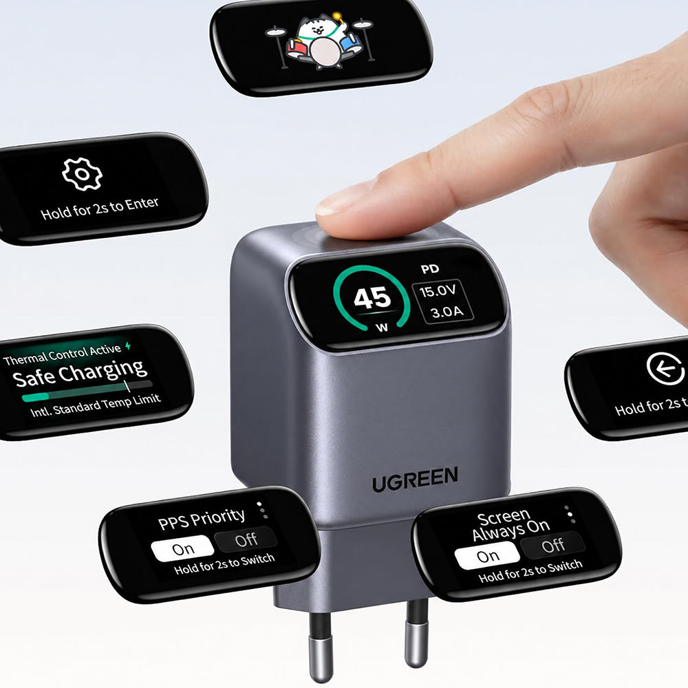 UGREEN Nexode Pro X740 (25419B) hálózati töltő kijelzővel, 45 W, 3 A, 1 × USB-C, szürke