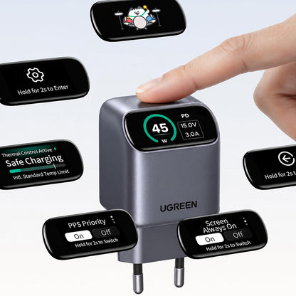 UGREEN Nexode Pro X740 (25419B) hálózati töltő kijelzővel, 45 W, 3 A, 1 × USB-C, szürke