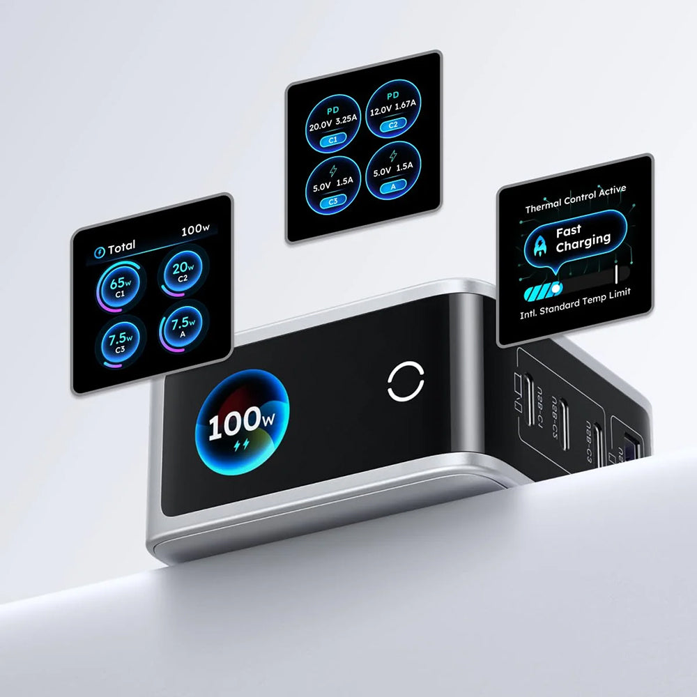 UGREEN Nexode Pro X772 (95942B) kijelzős hálózati töltő, 100 W, 5 A, 1 × USB-A – 3 × USB-C, szürke