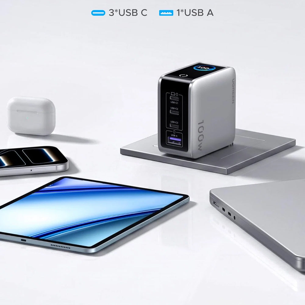 UGREEN Nexode Pro X772 (95942B) kijelzős hálózati töltő, 100 W, 5 A, 1 × USB-A – 3 × USB-C, szürke
