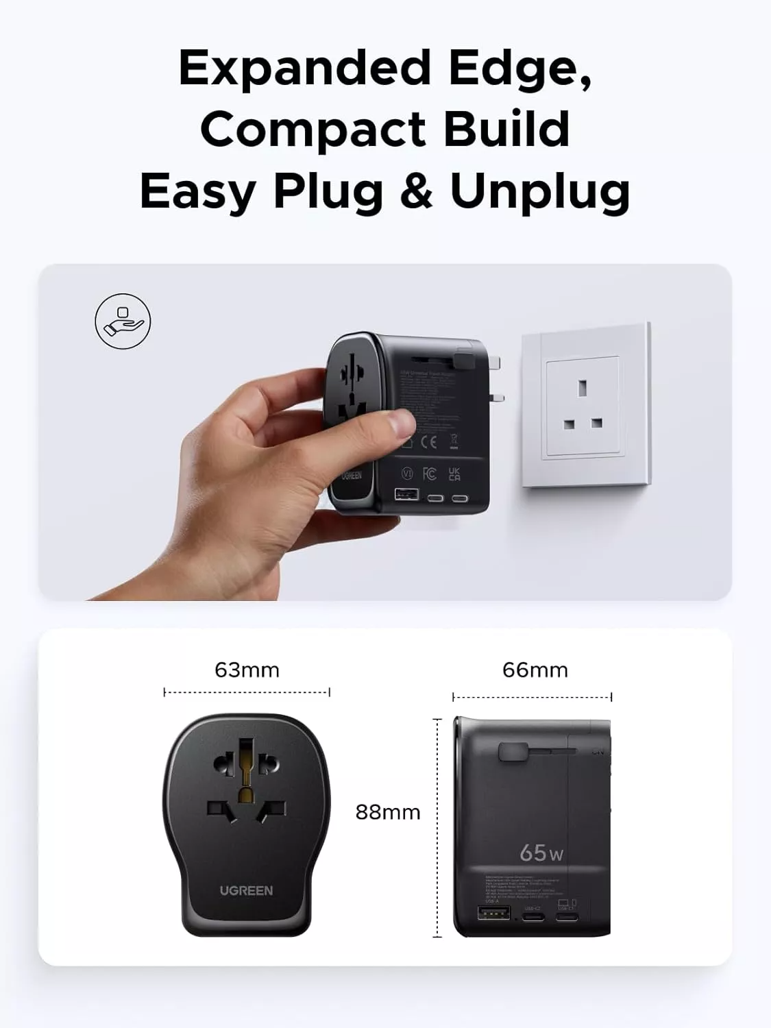 UGREEN Travel S550 hálózati töltő (55001), 65W, 3,25A, 1 x USB-A - 2 x USB-C, Fekete