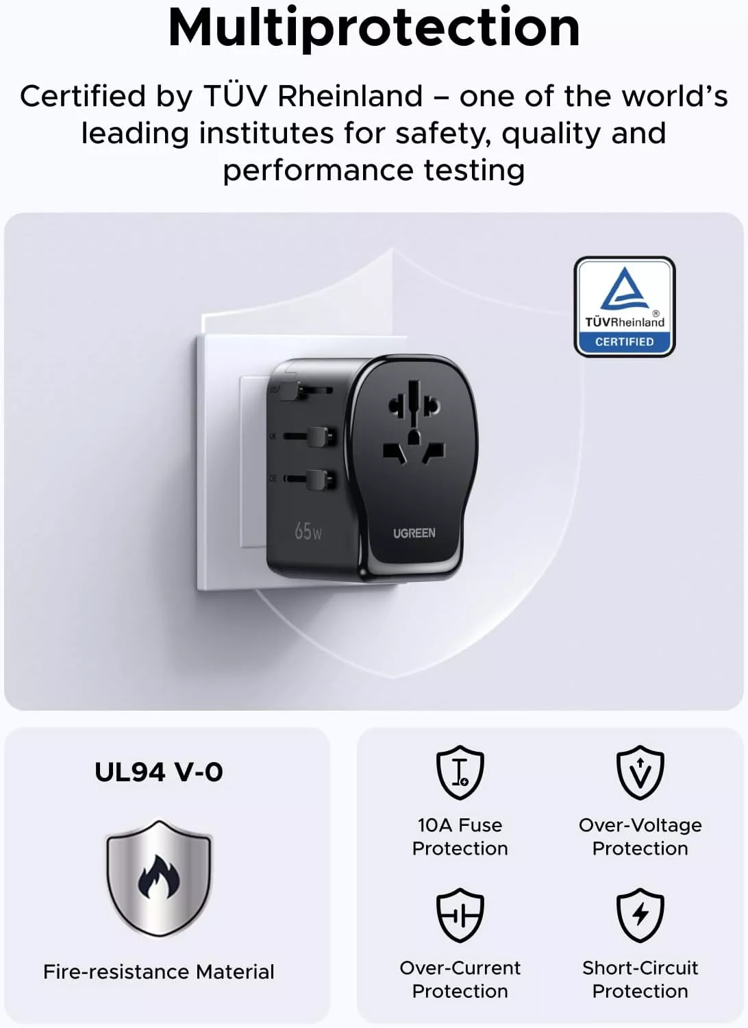 UGREEN Travel S550 hálózati töltő (55001), 65W, 3,25A, 1 x USB-A - 2 x USB-C, Fekete