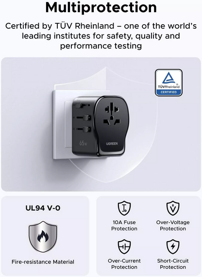 UGREEN Travel S550 hálózati töltő (55001), 65W, 3,25A, 1 x USB-A - 2 x USB-C, Fekete