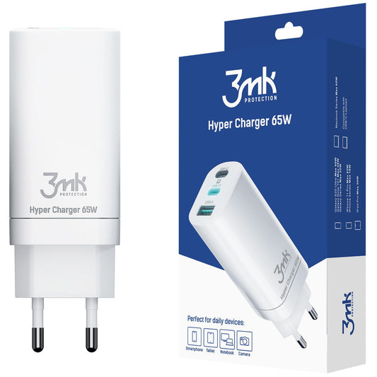 3MK HyperCharger hálózati töltő, 65W, 5A, 1 x USB-A - 2 x USB-C, fehér