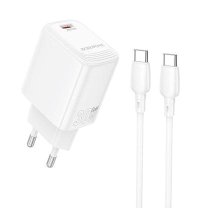 Hálózati töltő USB-C kábellel Borofone BN28 Fuente, 30W, 3A, 1 x USB-C, Fehér