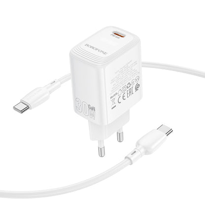 Hálózati töltő USB-C kábellel Borofone BN28 Fuente, 30W, 3A, 1 x USB-C, Fehér