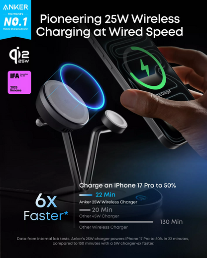 Anker Prime MagGo AirCool 3in1 vezeték nélküli hálózati töltő, 25W, Fekete B25X7G11