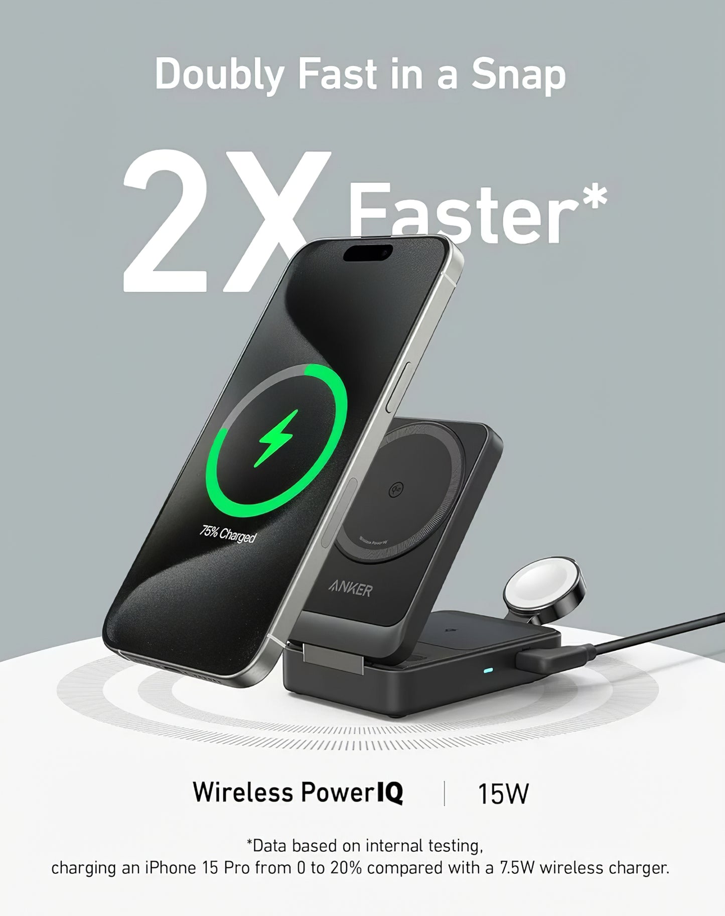 Anker MagGo 3in1 vezeték nélküli hálózati töltő, 15W, 1.67A, Fekete B2557311