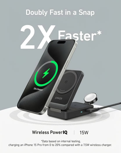 Anker MagGo 3in1 vezeték nélküli hálózati töltő, 15W, 1.67A, Fekete B2557311
