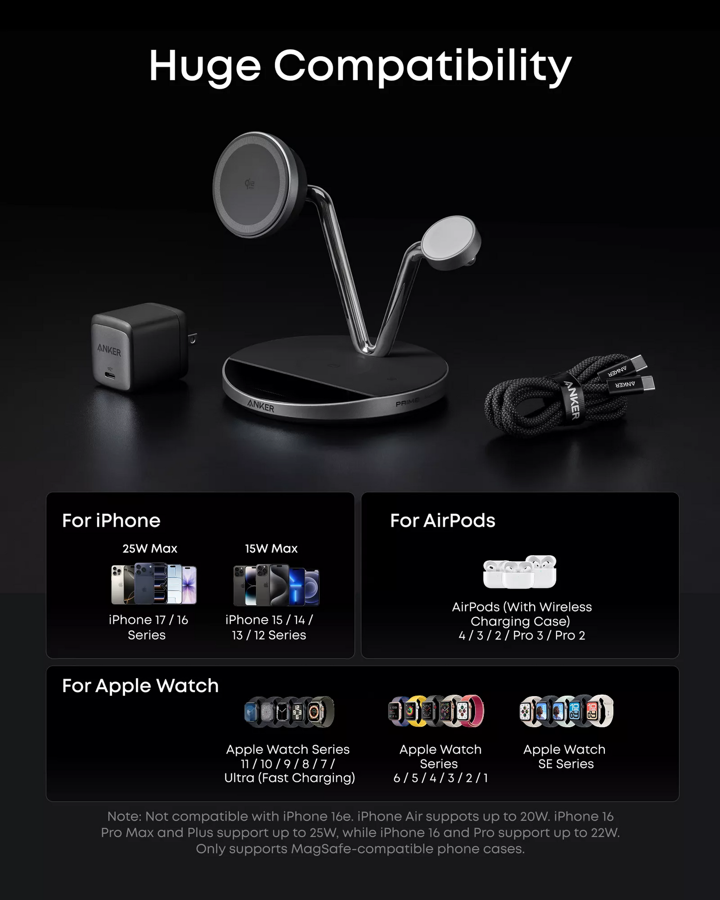 Anker Prime MagGo AirCool 3in1 vezeték nélküli hálózati töltő, 25W, Fekete B25X7G11