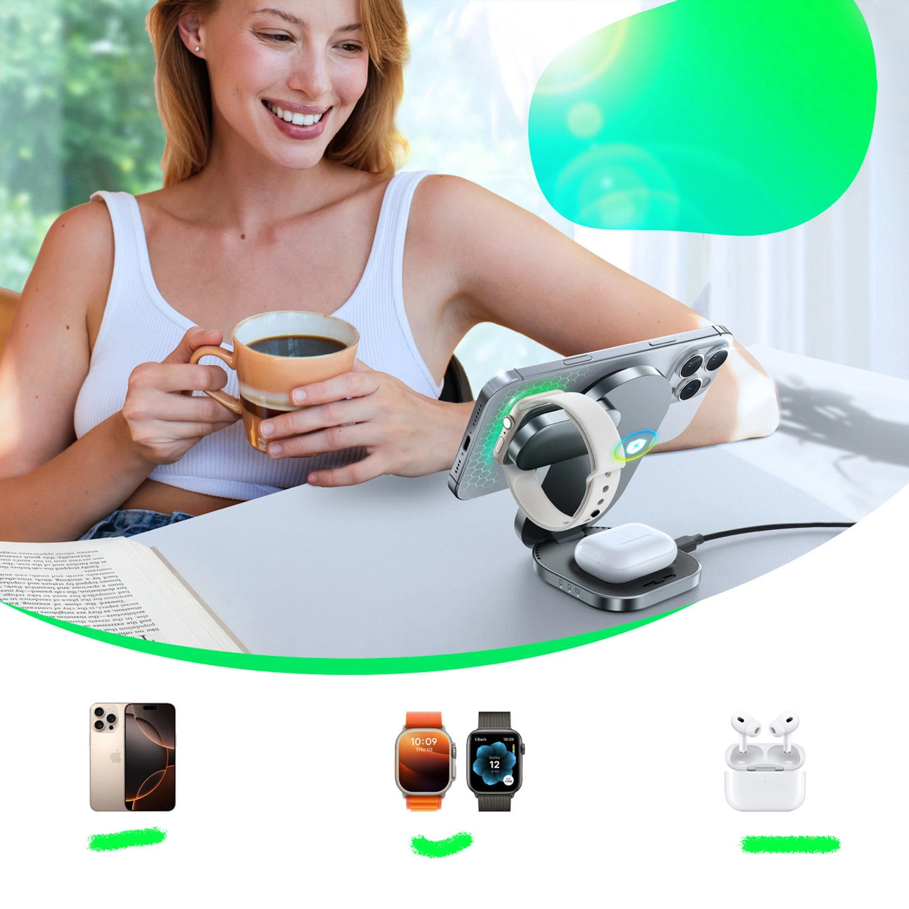 Joyroom JR-W17 3in1 vezeték nélküli hálózati töltő, 15W, 1.67A, Fekete
