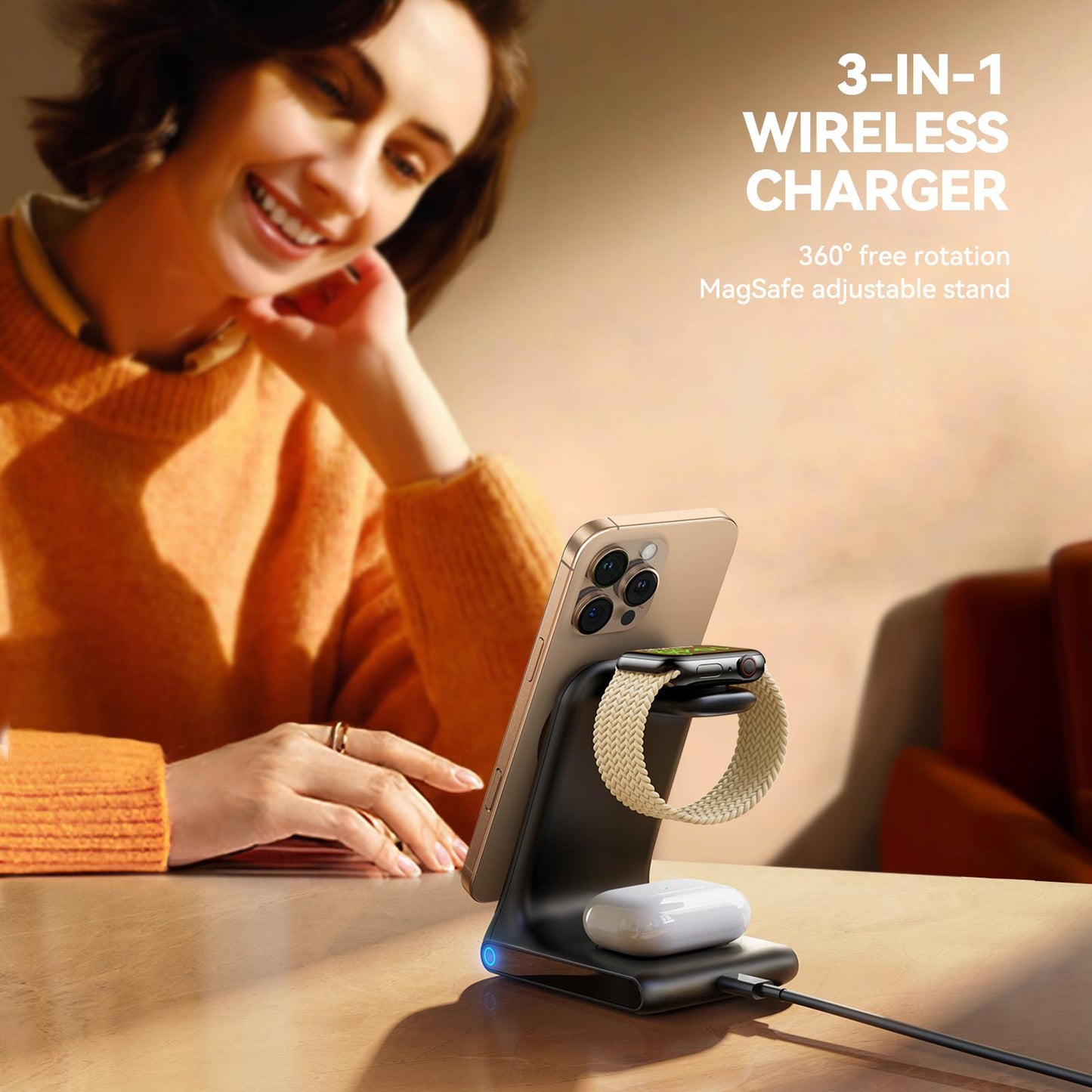 Joyroom JR-W15 3in1 vezeték nélküli hálózati töltő, 15W, 1.67A, Fekete