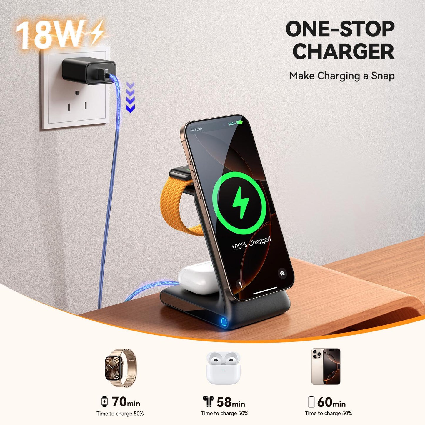 Joyroom JR-W15 3in1 vezeték nélküli hálózati töltő, 15W, 1.67A, Fekete