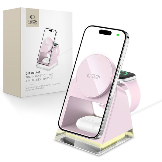 Tech-Protect A43 3in1 vezeték nélküli hálózati töltő, 15W, 1.67A, Rózsaszín