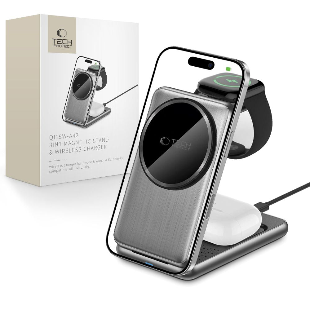 Tech-Protect A42 3in1 vezeték nélküli hálózati töltő, 15W, 1.67A, szürke