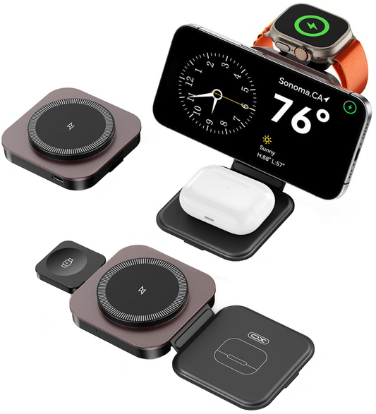 XO Design CX035 3in1 vezeték nélküli hálózati töltő, 15W, 1.67A, Fekete