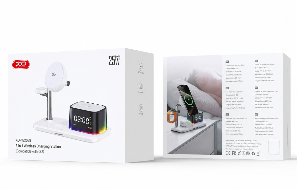 XO Design CX045 3in1 vezeték nélküli hálózati töltő, 25W, fehér