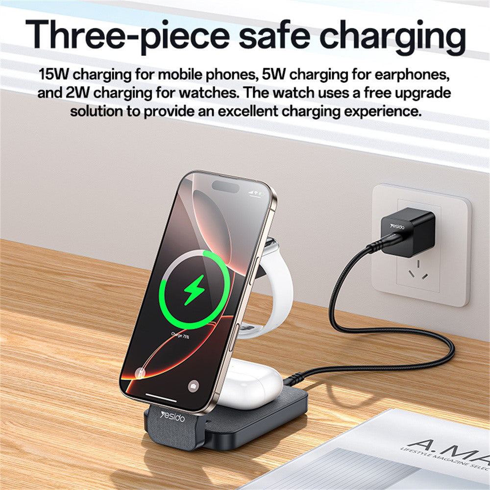 Yesido DS26 3in1 Wireless Network Charger, 15W, 1.67A, Gray