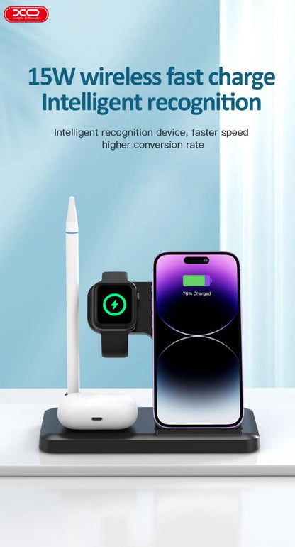 XO Design WX033 4in1 vezeték nélküli hálózati töltő, 15W, 1.67A, Fekete