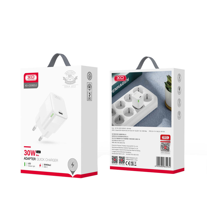 XO Design CE06 hálózati töltő, 30W, 3A, 1 x USB-C, Fehér